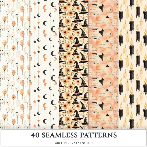 Cozy Halloween Seamless Patterns, Spooky halloween JPEG, Skulls pattern, Witch Hat, Ghosts, Bats repeating pattern, Digital scrapbook paper