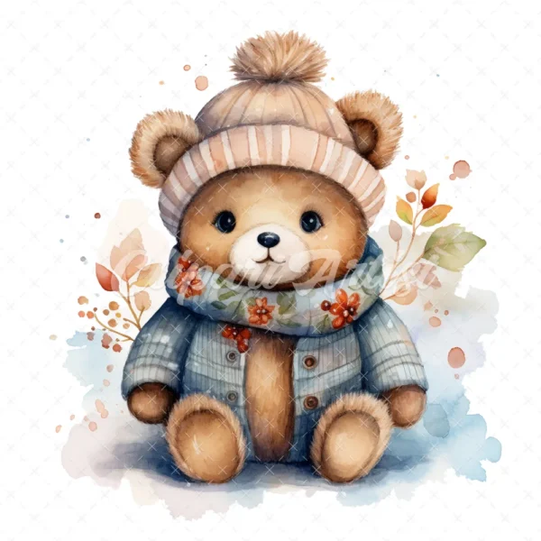 20 High-Quality Winter Teddy Bear Clipart - Winter teddy bear digital watercolor JPG instant download for commercial use - Digital download