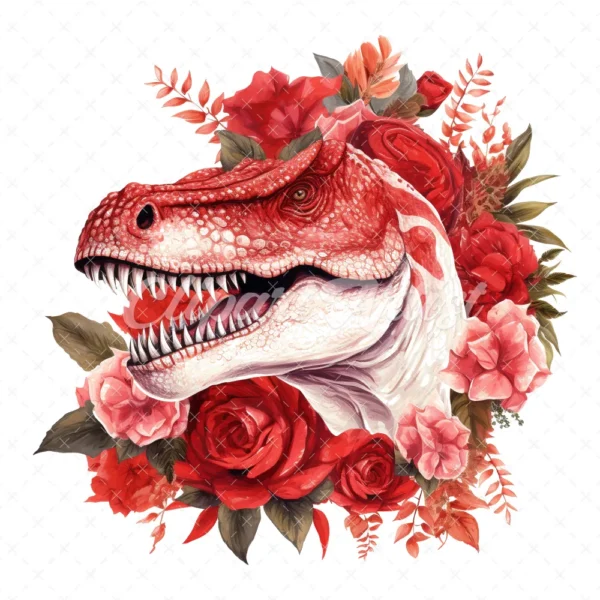 20 High-Quality Red Floral Dinosaur Clipart - Red dinosaur digital watercolor JPG instant download for commercial use - Digital download
