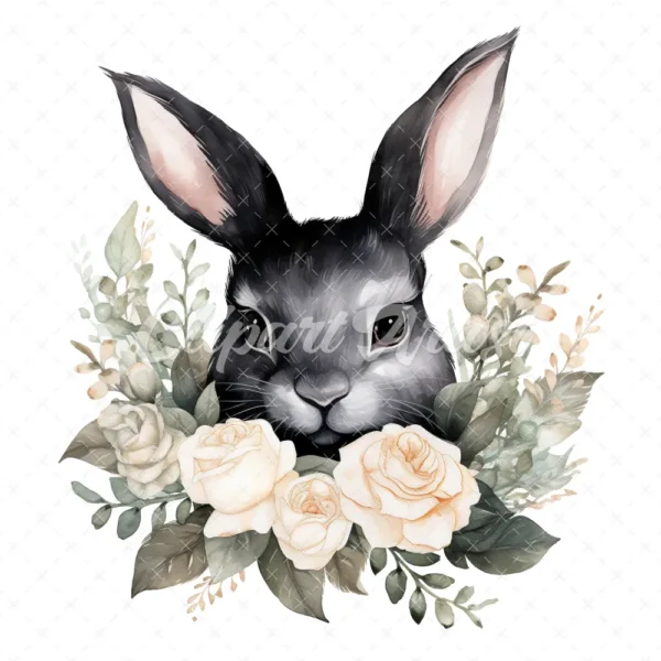 20 High-Quality Black Bunny With White Roses Clipart - Bunny digital watercolor JPG instant download for commercial use - Digital download