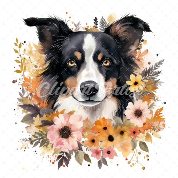 20 High-Quality Floral Border Collie Clipart - Border collie digital watercolor JPG instant download for commercial use - Digital download