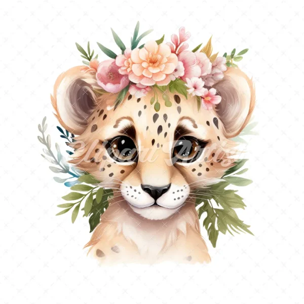 20 High-Quality Floral Cute Cheetah Clipart - Cute cheetah digital watercolor JPG instant download for commercial use - Digital download