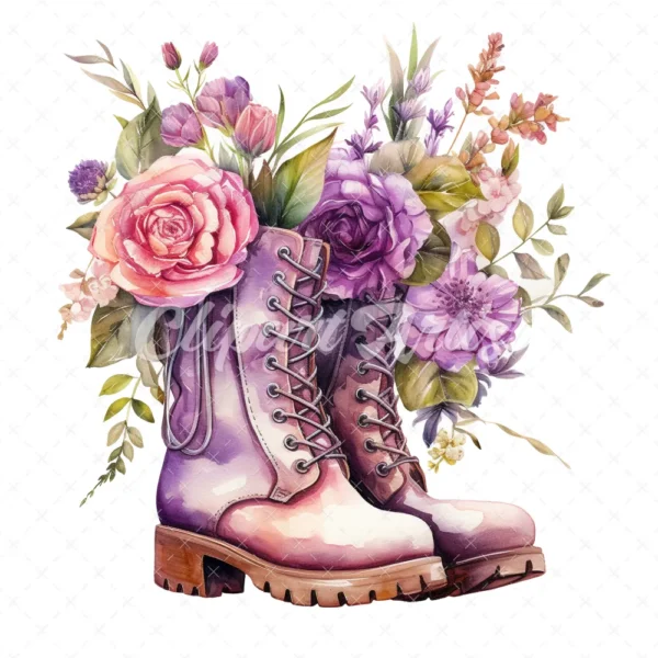 19 High-Quality Floral Boots Clipart - Floral boots digital watercolor JPG instant download for commercial use - Digital download