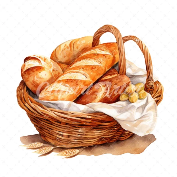 20 High-Quality Bread Basket Clipart - Bread basket digital watercolor JPG instant download for commercial use - Digital download