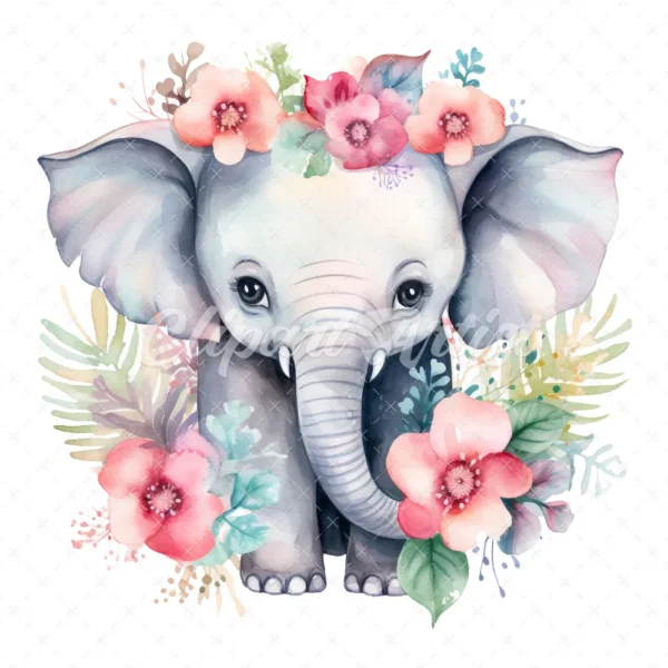 20 High-Quality Floral Cute Elephants Clipart - Cute elephants digital watercolor JPG instant download for commercial use - Digital download