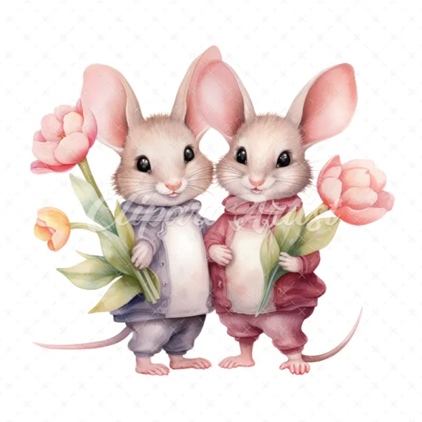 20 High-Quality Mice Holding Tulip Clipart - Mice tulip digital watercolor JPG instant download for commercial use - Digital download