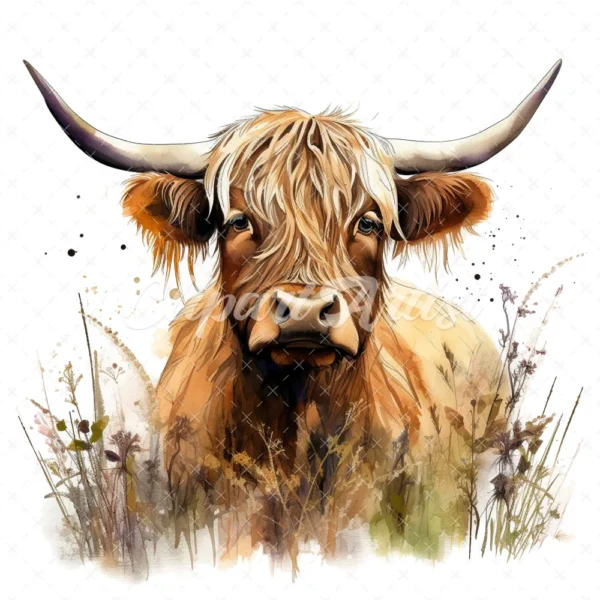 19 High-Quality Highland Cow in Grass Clipart - Highland cow digital watercolor JPG instant download for commercial use - Digital download