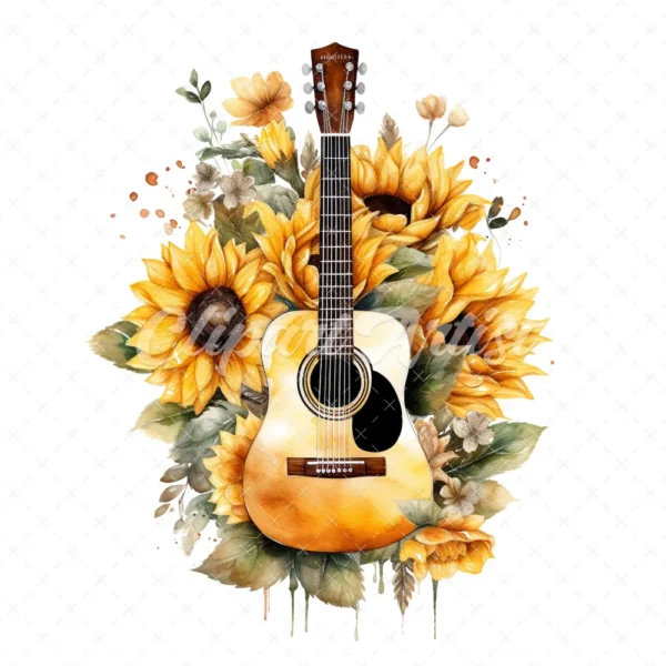 20 High-Quality Sunflowers Guitars Clipart - Sunflowers guitar digital watercolor JPG instant download for commercial use - Digital download