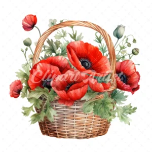 20 High-Quality Poppies Basket Clipart - Poppies basket digital watercolor JPG instant download for commercial use - Digital download