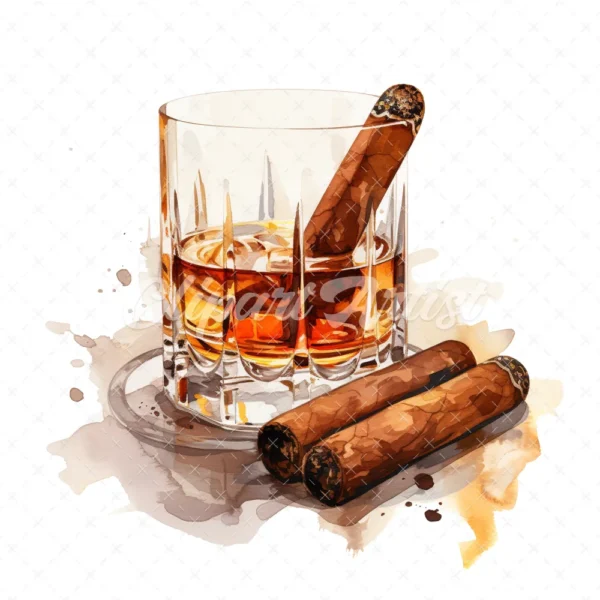 20 High-Quality Cigar Glass of Whisky Clipart -Cigar whisky digital watercolor JPG instant download for commercial use - Digital download