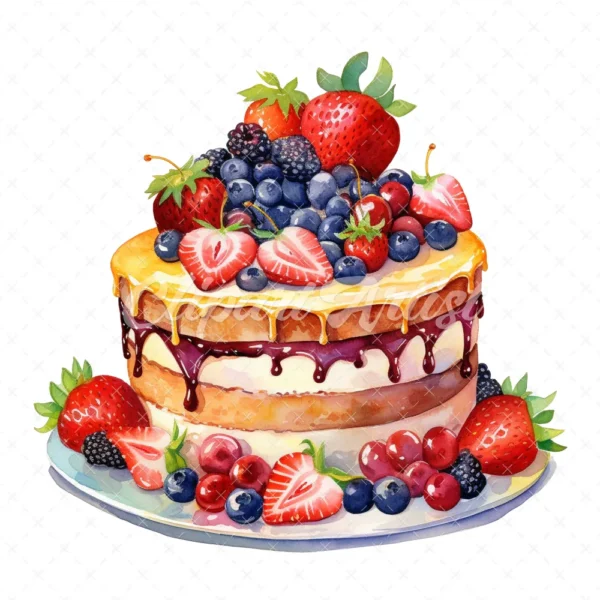 20 High-Quality Birthday Fruit Cake Clipart - Fruit cake digital watercolor JPG instant download for commercial use - Digital download