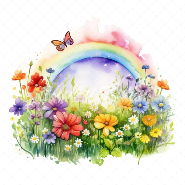22 High-Quality Rainbow Meadow Clipart - Rainbow meadow digital watercolor JPG instant download for commercial use - Digital download
