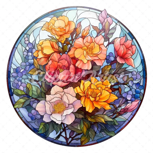 20 High-Quality Flowers Stained Glass Clipart - Bouquet flower digital watercolor JPG instant download for commercial use - Digital download