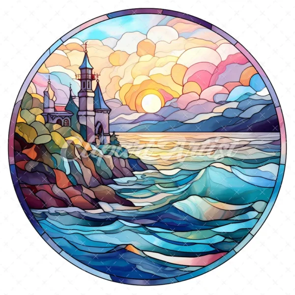 20 High-Quality Seaside Stained Glass Clipart - Seaside digital watercolor JPG instant download for commercial use - Digital download