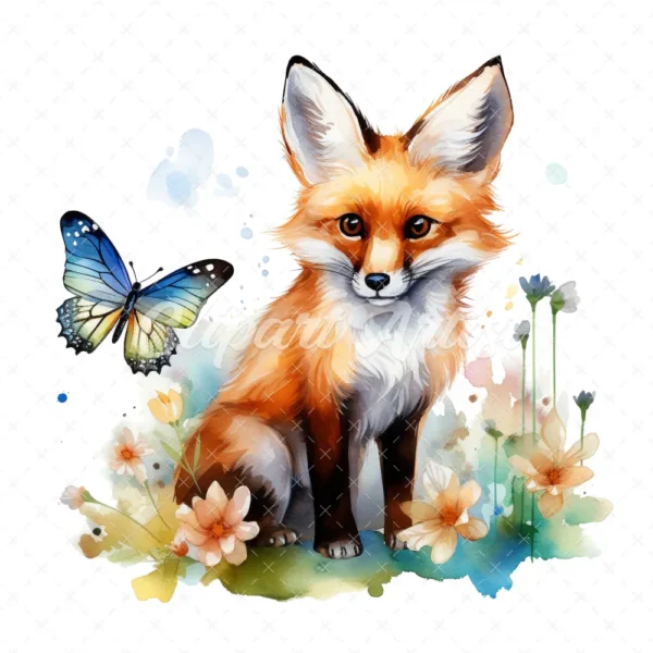 19 High-Quality Fox and Butterfly Clipart - Fox and butterfly digital watercolor JPG instant download for commercial use - Digital download