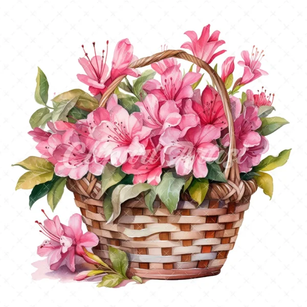 20 High-Quality Azaleas Basket Clipart - Azaleas basket digital watercolor JPG instant download for commercial use - Digital download