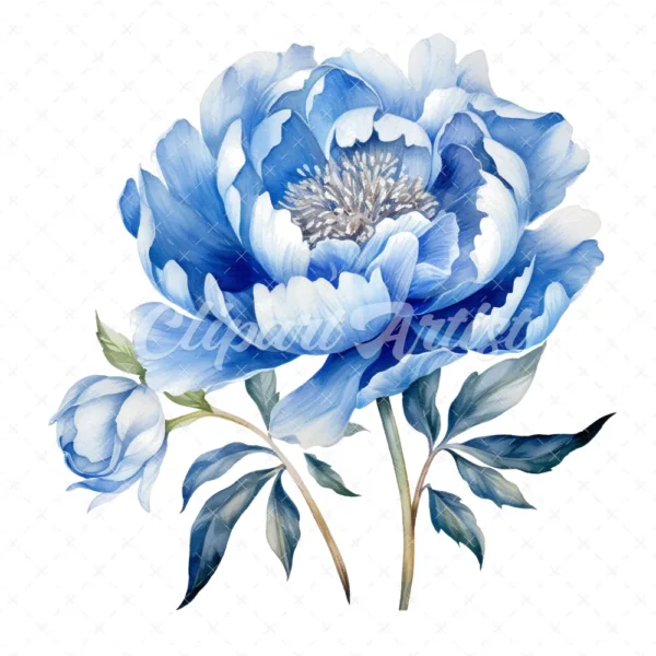 20 High-Quality Blue Peony Clipart - Blue peony flower digital watercolor JPG instant download for commercial use - Digital download