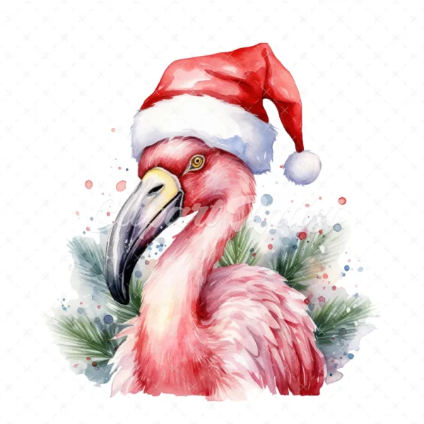 20 High-Quality Flamingo Santa Hat Clipart - Flamingo hat digital watercolor JPG instant download for commercial use - Digital download