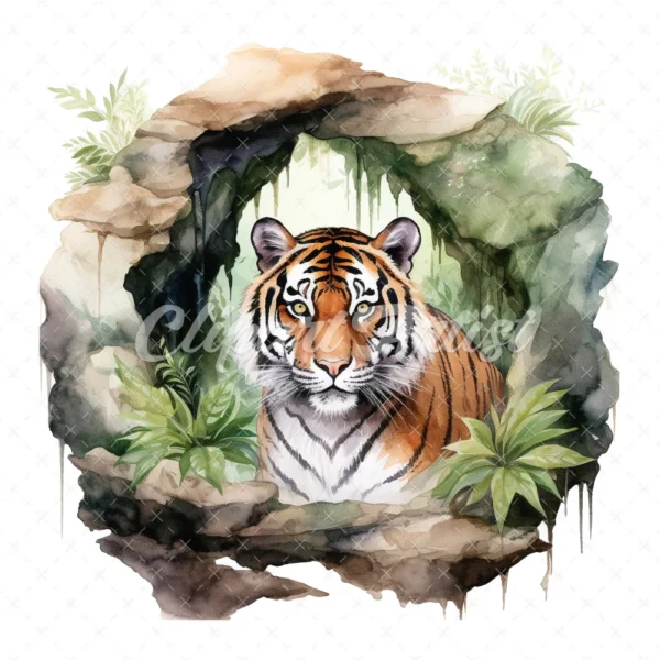 20 High-Quality Forest Cave Tiger Clipart - Cave tiger digital watercolor JPG instant download for commercial use - Digital download