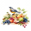 20 High-Quality Bird on Fruits Table Clipart - Bird fruits digital watercolor JPG instant download for commercial use - Digital download