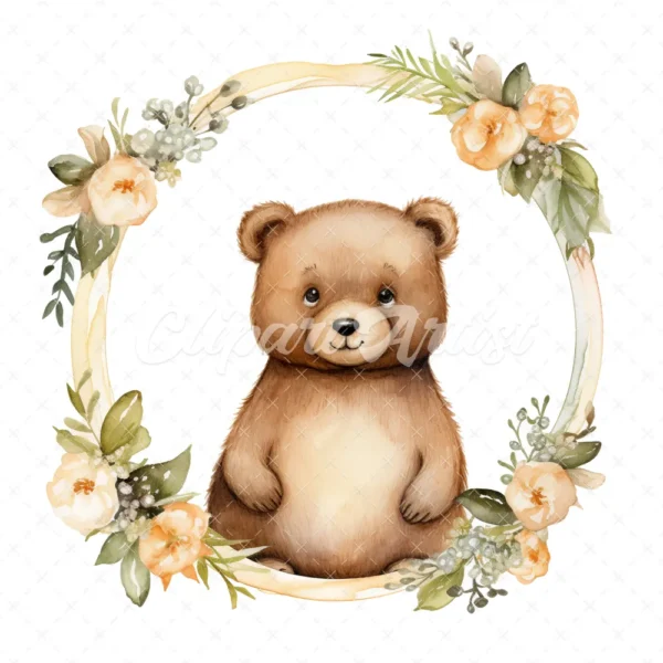 20 High-Quality Bear In Round Frame Rack Clipart - Bear frame digital watercolor JPG instant download for commercial use - Digital download