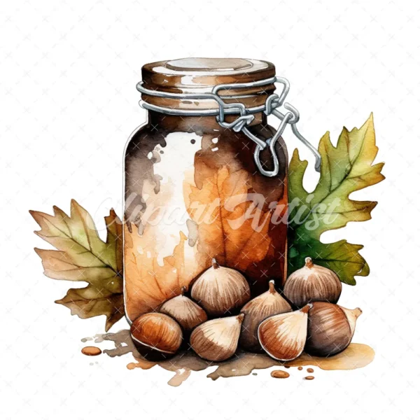 20 High-Quality Acorns Jar Clipart - Acorns jar digital watercolor JPG instant download for commercial use - Digital download