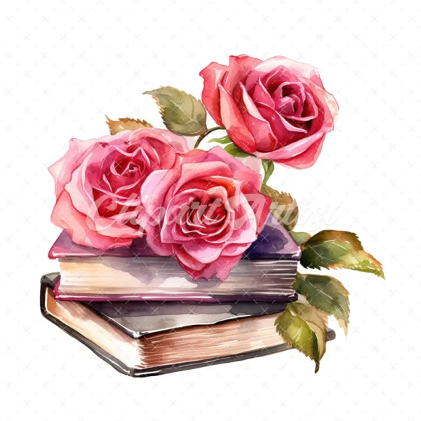 20 High-Quality Rose Books Clipart - Rose books digital watercolor JPG instant download for commercial use - Digital download