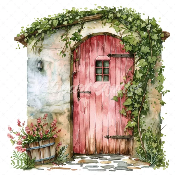 20 High-Quality Doors on Countryside Clipart - Floral doors digital watercolor JPG instant download for commercial use - Digital download