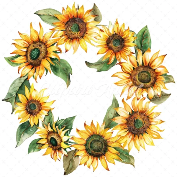 20 High-Quality Sunflowers Wreath Clipart - Sunflowers wreath digital watercolor JPG instant download for commercial use - Digital download