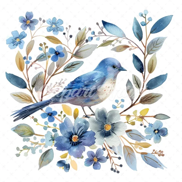 20 High-Quality Blue Bird Floral Clipart - Blue bird floral digital watercolor JPG instant download for commercial use - Digital download