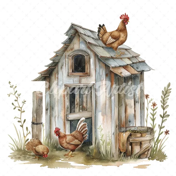 20 High-Quality Chicken Coop Clipart - Chicken coop digital watercolor JPG instant download for commercial use - Digital download