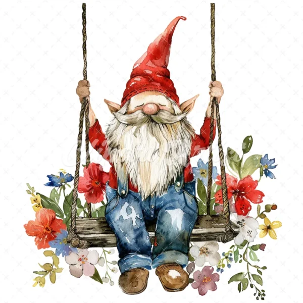 18 High-Quality Gnome on Swing Clipart - Gnome on swing wreath digital watercolor JPG instant download for commercial use - Digital download