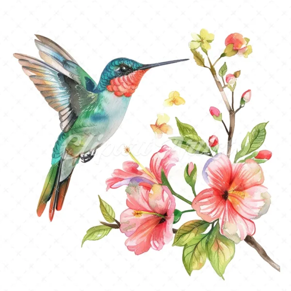 20 High-Quality Floral Hummingbird Clipart - Hummingbird digital watercolor JPG instant download for commercial use - Digital download