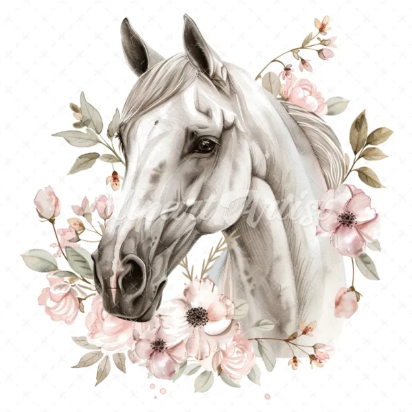 20 High-Quality White Floral Horse Clipart - White horse digital watercolor JPG instant download for commercial use - Digital download