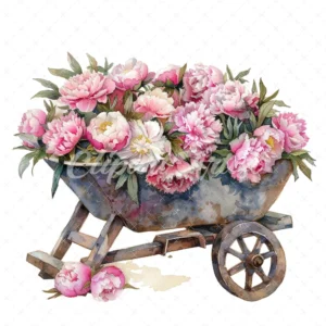 20 High-Quality Peonies Wheelbarrow Clipart - Wheelbarrow digital watercolor JPG instant download for commercial use - Digital download