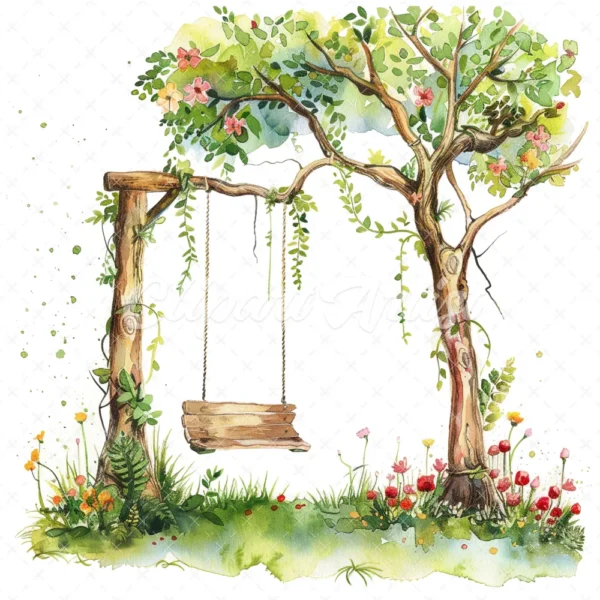18 High-Quality Tree Swings Clipart - Tree swings digital watercolor JPG instant download for commercial use - Digital download