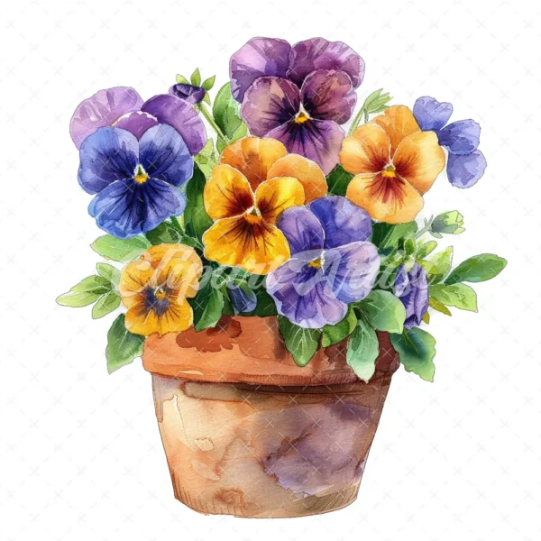 20 High-Quality Pot of Pansies Clipart - Pot of pansies digital watercolor JPG instant download for commercial use - Digital download