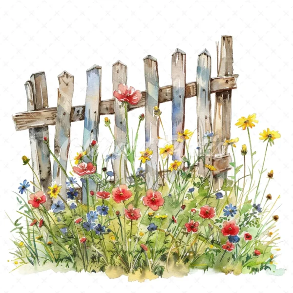 20 High-Quality Fence Wildflowers Clipart - Fence wildflowers digital watercolor JPG instant download for commercial use - Digital download