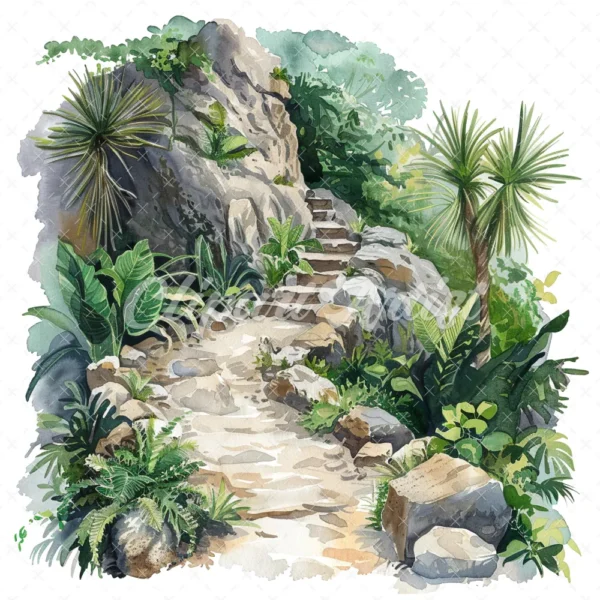 20 High-Quality Jungle Rocky Path Clipart - Jungle rocky path digital watercolor JPG instant download for commercial use - Digital download