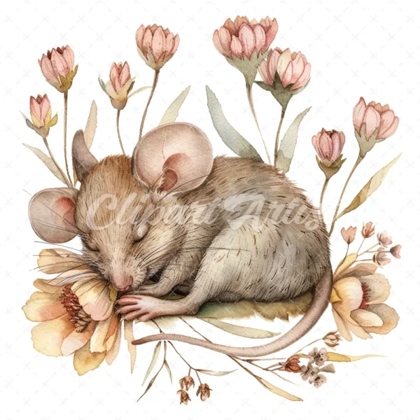 20 High-Quality Mice Sleep In Flower Clipart - Mice sleep digital watercolor JPG instant download for commercial use - Digital download