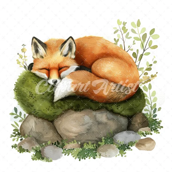 22 High-Quality Cute Fox Sleep Clipart - Cute fox sleep digital watercolor JPG instant download for commercial use - Digital download