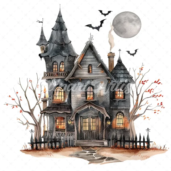 20 High-Quality Haunted House Clipart - Haunted house digital watercolor JPG instant download for commercial use - Digital download