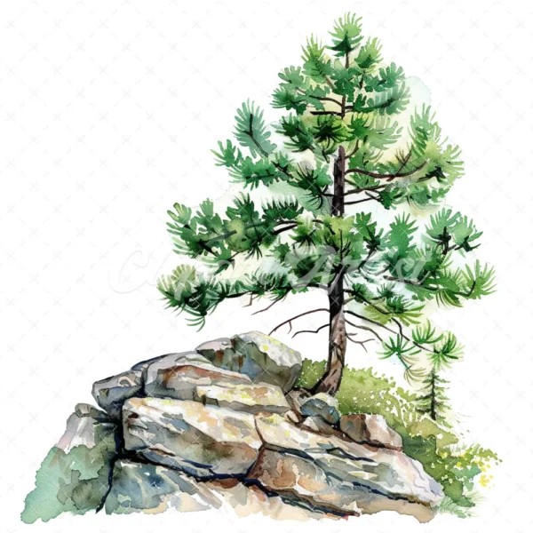 20 High-Quality Pine Trees on Cliff Clipart - Pine trees on cliff watercolor JPG instant download for commercial use - Digital download