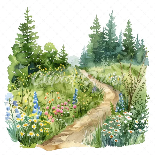 18 High-Quality Spring Meadow Trail Clipart - Spring meadow trail watercolor JPG instant download for commercial use - Digital download