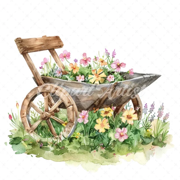 20 High-Quality Rustic Wheelbarrow Clipart - Wheelbarrow digital watercolor JPG instant download for commercial use - Digital download