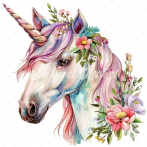 20 High-Quality Floral Unicorn Clipart - Floral unicorn face digital watercolor JPG instant download for commercial use - Digital download