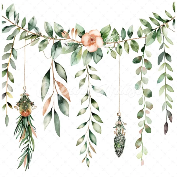 20 High-Quality Boho Leaves Garland Clipart - Boho leaf garland digital watercolor JPG instant download for commercial use -Digital download