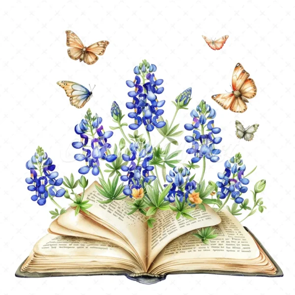 21 High-Quality Bluebonnet Floral Book Clipart - Floral book digital watercolor JPG instant download for commercial use - Digital download