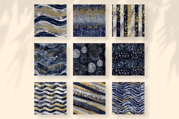 Navy and Silver Seamless Digital Paper - 63 Scrapbook patterns, Blue and silver wedding paper, Silver foil, Commercial use, Digital download