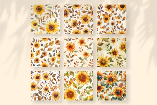 Sunflowers Seamless Digital Paper - 64 Scrapbook patterns, Seamless autumn backgrounds, Fall texture paper, Commercial use, Digital download